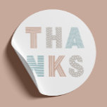 Cute pastel thanks. Kids birthday / Baby Shower Classic Round Sticker<br><div class="desc">Cute typography lettering "Thanks" sticker in pastel blue beige colours. Suitable for kids birthday party,  Baby Shower,  business stickers.</div>