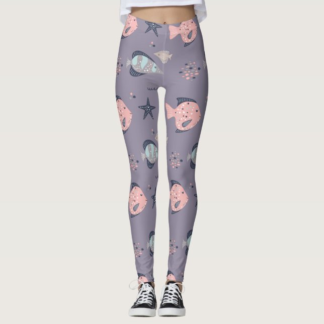 Cute Pastel Tropical Fish Pattern Leggings (Front)