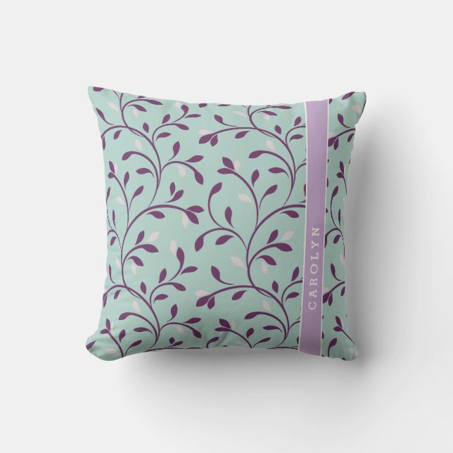 Cute pastel turquoise floral pattern monogram cushion (Front)