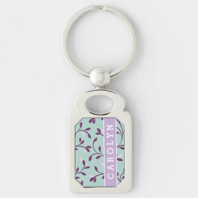 Cute pastel turquoise floral pattern monogram key ring (Front)