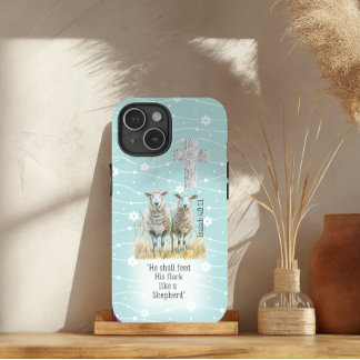 Cute Pastel Turquoise Floral Sheep Cross Scripture iPhone 15 Case