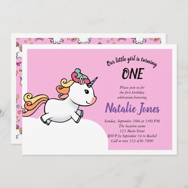 Cute pastel unicorn 1st birthday invitation (Front/Back)