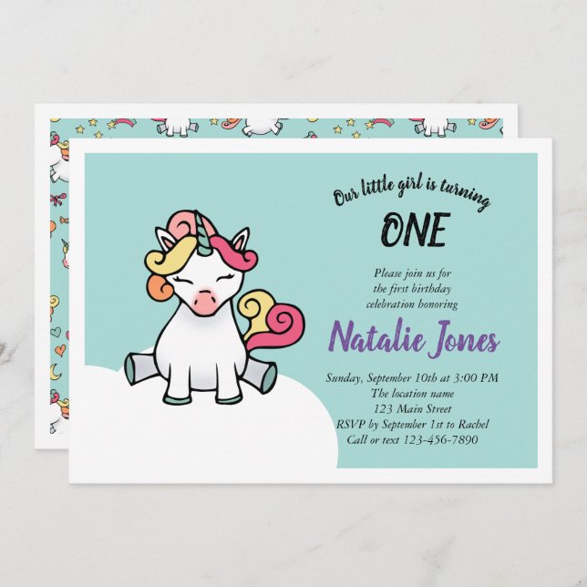 Cute pastel unicorn 1st birthday invitation (Front/Back)