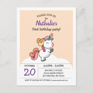 Cute pastel unicorn 1st birthday invitation postcard