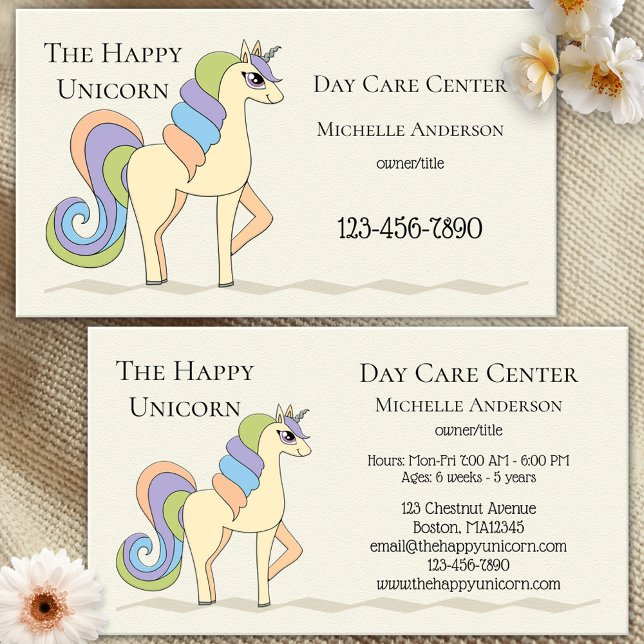 Cute Pastel Unicorn Child Care Business Card (Business card in pastel colors featuring an illustration of a cute unicorn - child day care center)