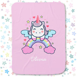Cute Pastel Unicorn Custom Name Colour Baby Blanket