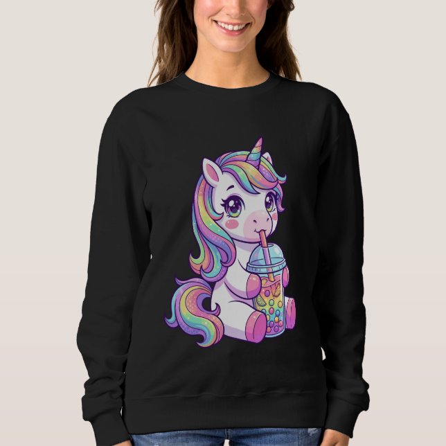 Cute Pastel Unicorn Drinking Boba Art Kawaii Pony Sweatshirt (Front)