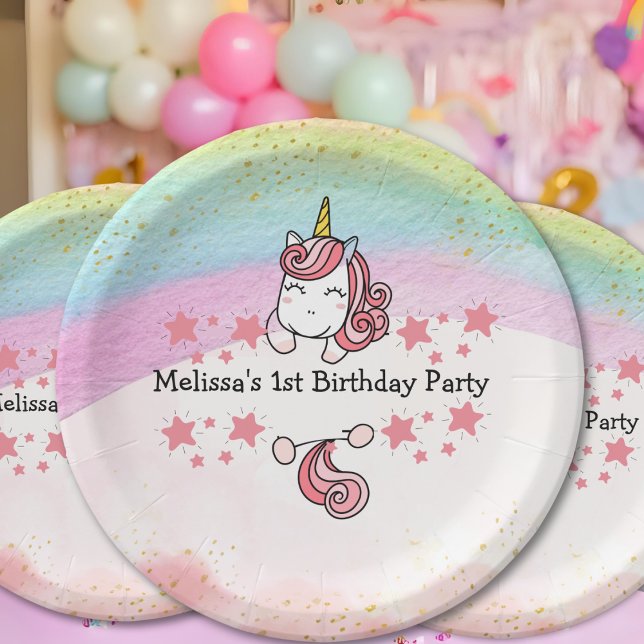 Cute Pastel Unicorn & Rainbow Birthday Party Paper Plate (Creator Uploaded)