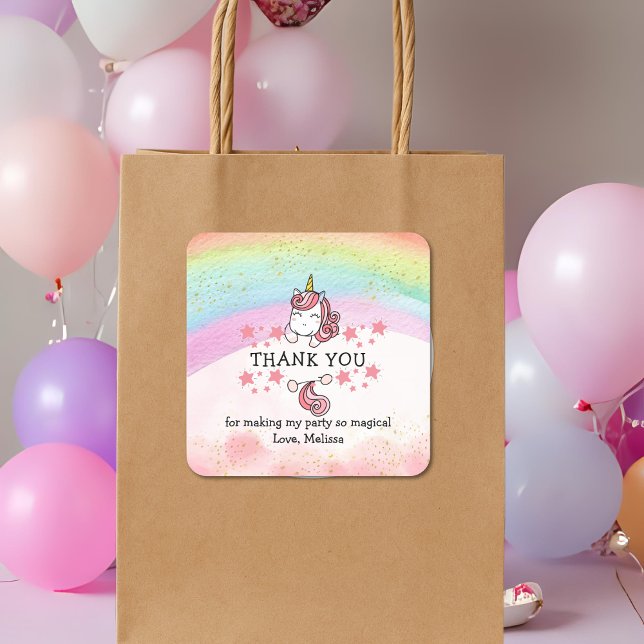 Cute Pastel Unicorn & Rainbow Birthday Thank You   Square Sticker (Creator Uploaded)