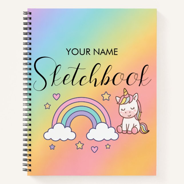 Cute Pastel Unicorn Rainbow Custom Name Notebook (Front)