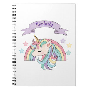 Cute Pastel Unicorn & Sparkly Rainbow Custom Name Notebook