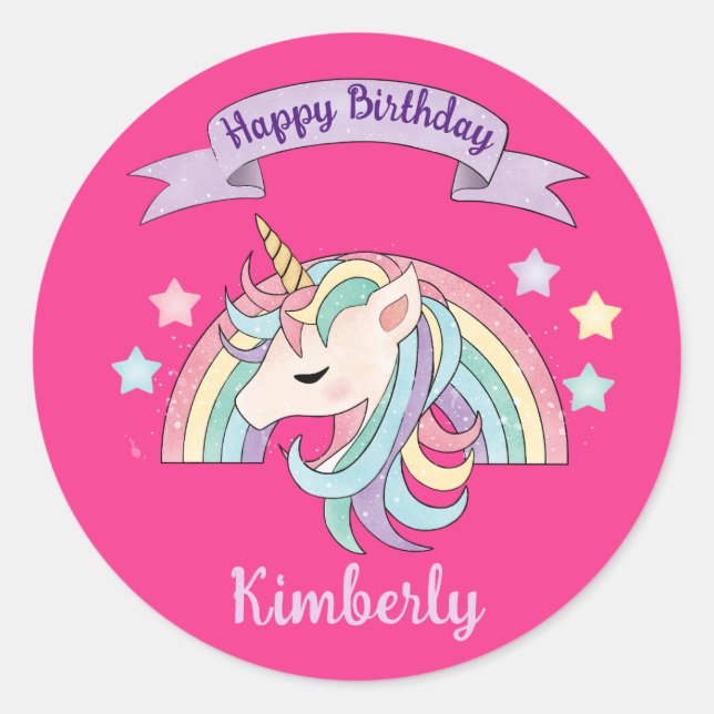 Cute Pastel Unicorn & Sparkly Rainbow on Hot Pink Classic Round Sticker (Front)