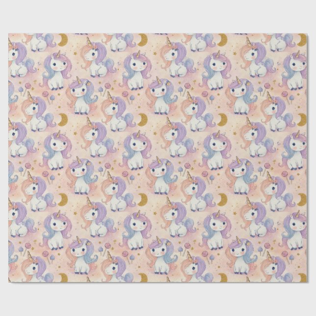Cute Pastel Unicorn Wrapping Paper (Flat)