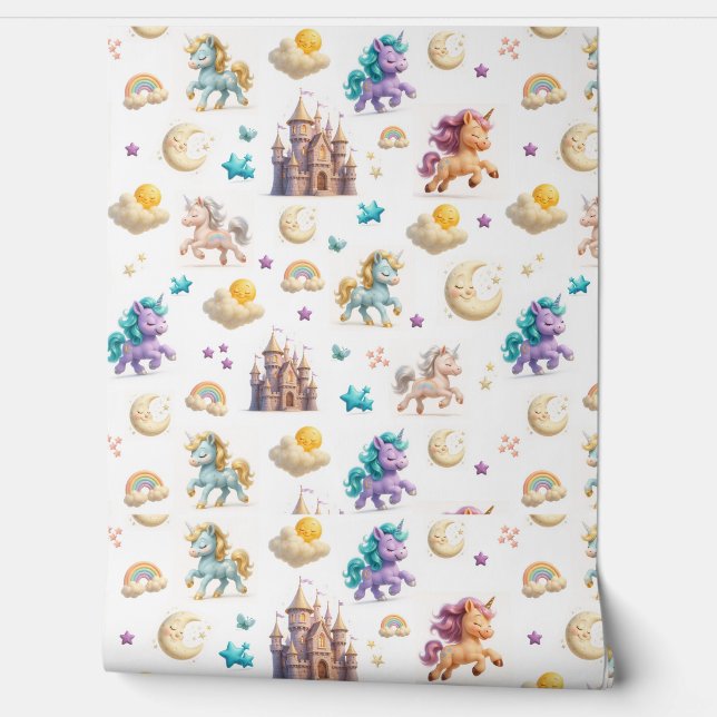 Cute Pastel Unicorns and Castles Fantasy Wallpaper (Unrolling)