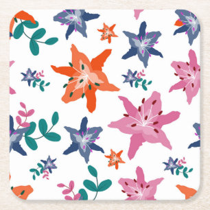 Cute Pastel Water Colour Flowers Square Paper Coaster