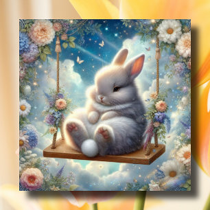 Cute Pastel Watercolor Bunny On Swing Easter Holiday Card
