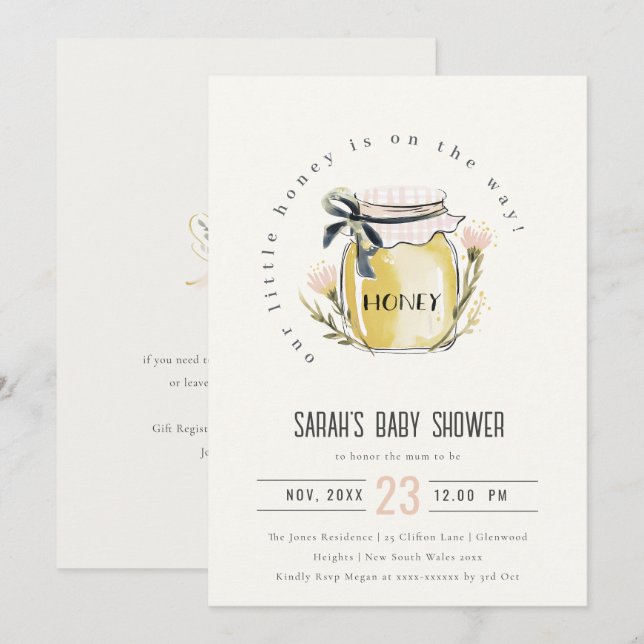 Cute Pastel Watercolor Honey Jar Baby Shower Invitation (Front/Back)