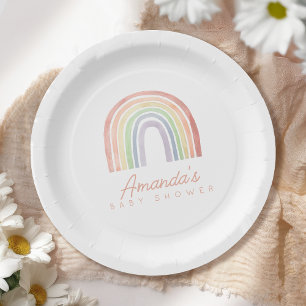 Cute Pastel Watercolor Rainbow Baby Shower Paper Plate