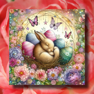 Cute Pastel Watercolor Sleepy Bunny Easter Eggs Holiday Card