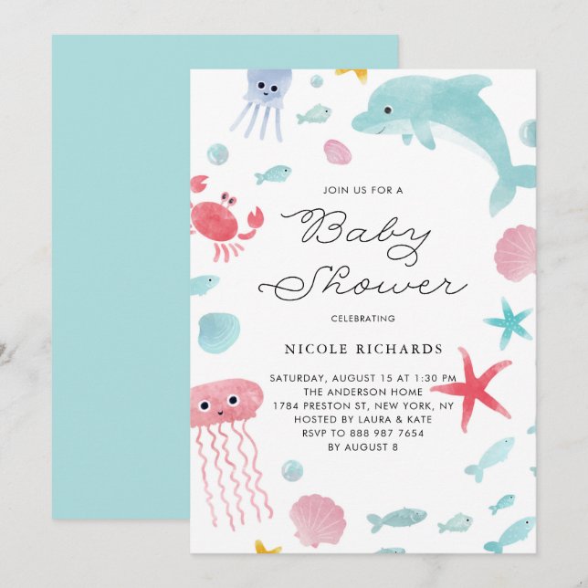 Cute Pastel Watercolor Under the Sea Baby Shower Invitation (Front/Back)