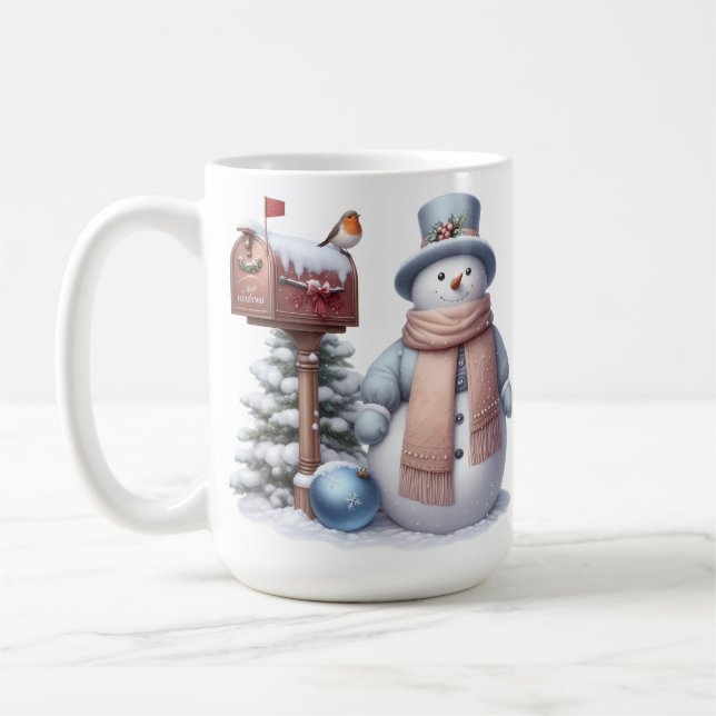 CUTE PASTEL WINTER SNOWMAN & SNOWY MAILBOX COFFEE MUG (Left)