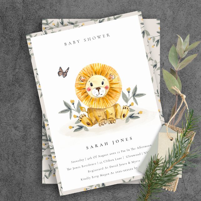 Cute Pastel Woodland Lion Foliage Baby Shower Invitation (Creator Uploaded)