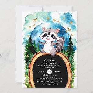 Cute Pastel Woodland Racoon Birthday Invitation
