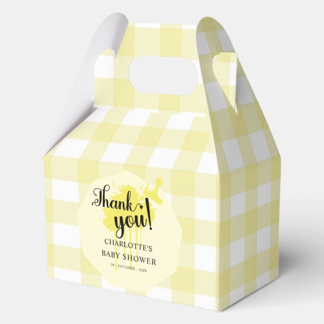 Cute Pastel Yellow Gingham Baby Girl Shower Favour Box (Front)