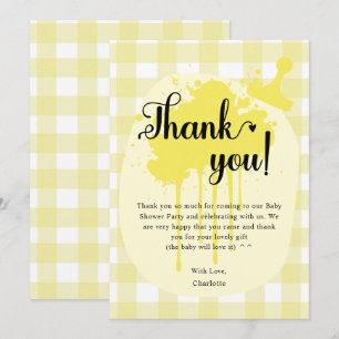 Cute Pastel Yellow Gingham Baby Shower Thank You Card