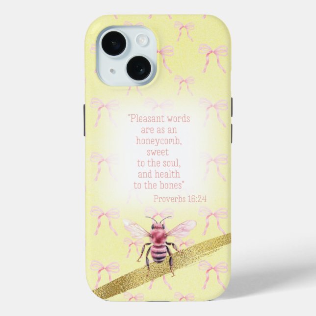 Cute Pastel Yellow Pink Bow Grid Bible Pink Bee Case-Mate iPhone Case (Back)