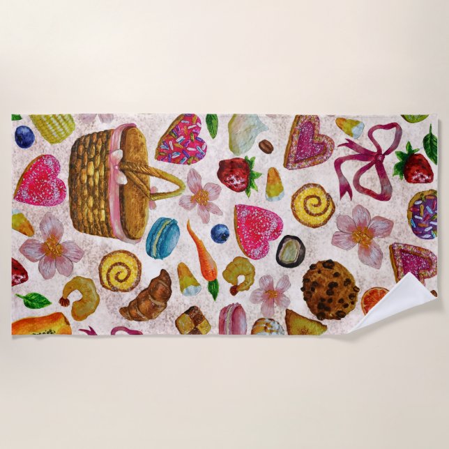 Cute Pastry Confections Sweets Beach Towel (Front)