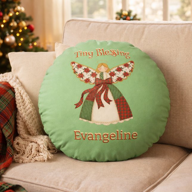 Cute Patchwork Angel – Personalised Baby Round Cushion (Creator Uploaded)