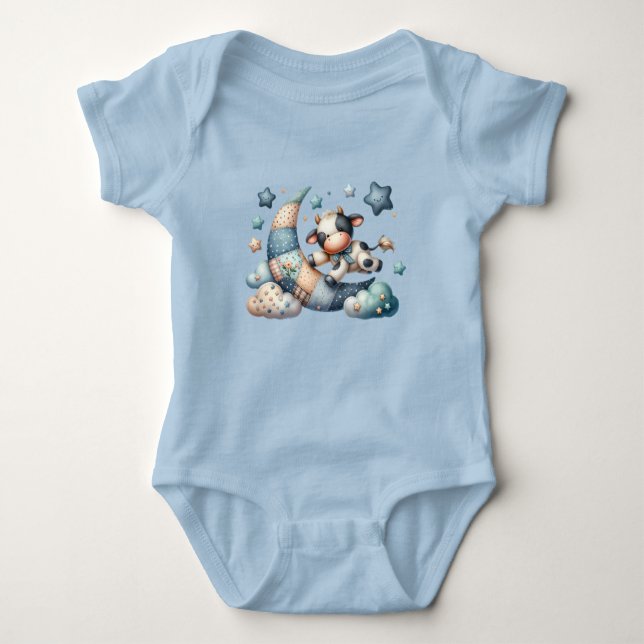 Cute Patchwork Cow Over Moon with Stars Baby Bodysuit (Front)