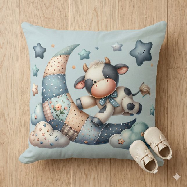 Cute Patchwork Cow Over Moon with Stars Cushion (Cute Patchwork Cow Over Moon with Stars Throw Pillow Mockup B)