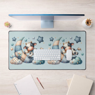 Cute Patchwork Cow Over Moon with Stars Desk Mat