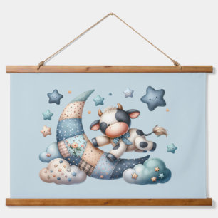 Cute Patchwork Cow Over Moon with Stars Hanging Tapestry