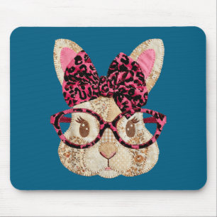 Cute patchwork easter bunny with glasses pink bow mouse pad