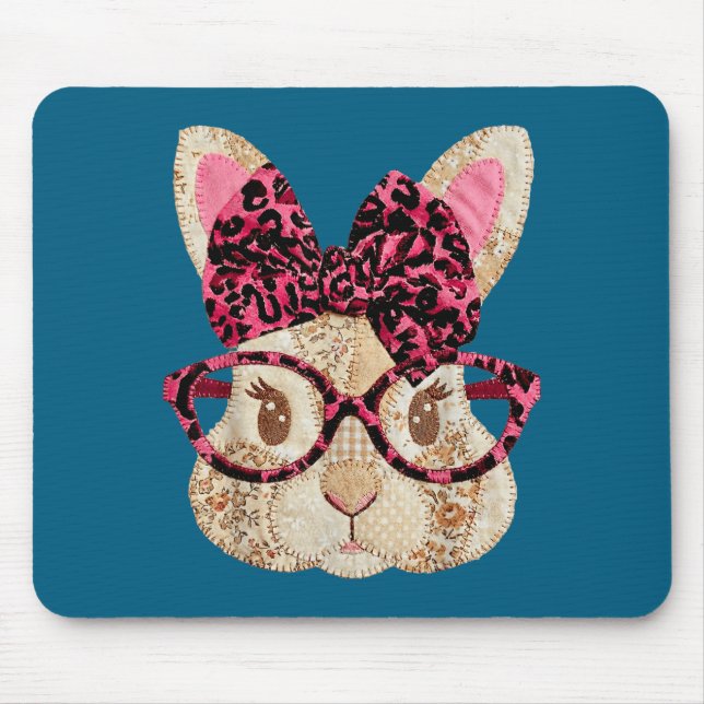 Cute patchwork easter bunny with glasses pink bow  mouse pad (Front)