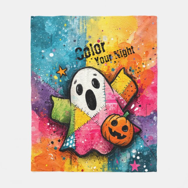 Cute Patchwork Ghost Colorful Splatter Art Fleece Blanket (Front)