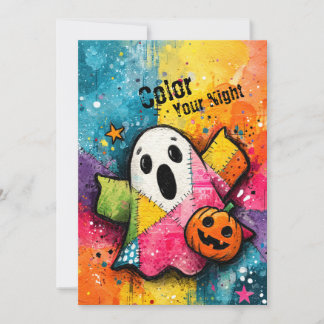 Cute Patchwork Ghost Colorful Splatter Art Invitation