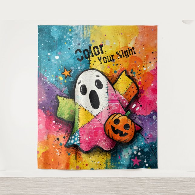 Cute Patchwork Ghost Colorful Splatter Art Tapestry (Front)