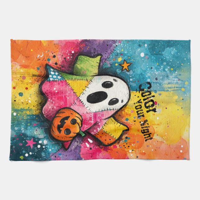 Cute Patchwork Ghost Colorful Splatter Art Tea Towel (Horizontal)