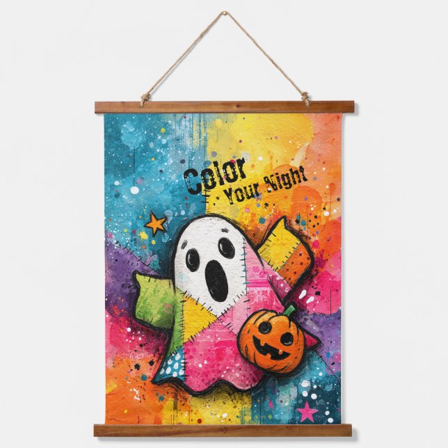 Cute Patchwork Ghost Colourful Splatter Art Hanging Tapestry (Front)