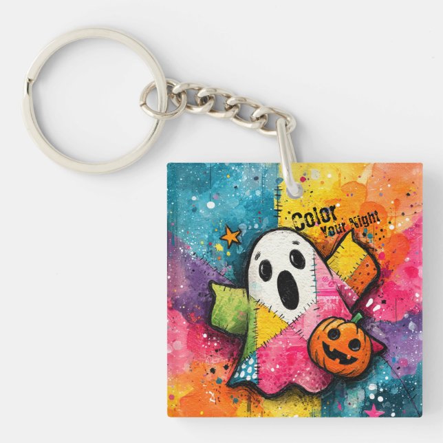 Cute Patchwork Ghost Colourful Splatter Art Key Ring (Front)