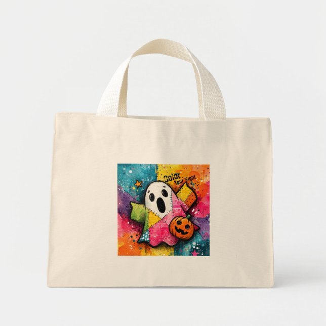 Cute Patchwork Ghost Colourful Splatter Art Mini Tote Bag (Front)