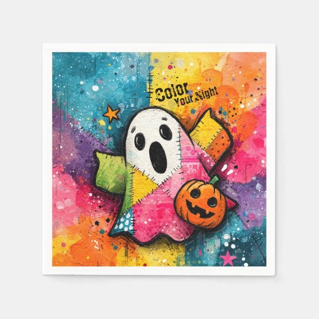 Cute Patchwork Ghost Colourful Splatter Art Napkin (Front)
