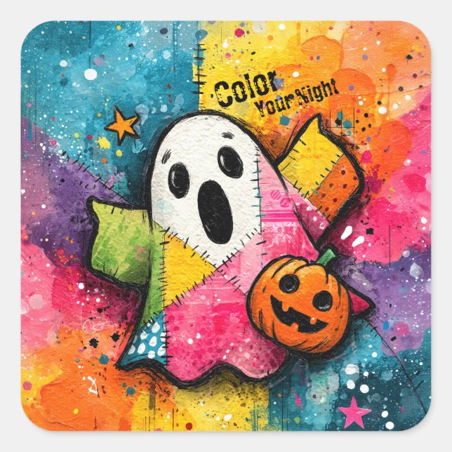 Cute Patchwork Ghost Colourful Splatter Art Square Sticker (Front)