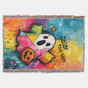 Cute Patchwork Ghost Colourful Splatter Art Throw Blanket