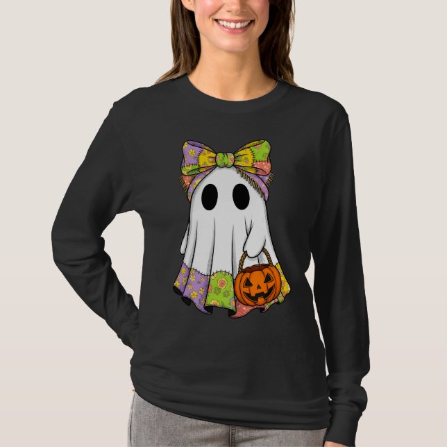  Cute Patchwork Ghost with Pumpkin Basket  T-Shirt (Front)