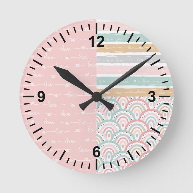 Cute Patchwork Hearts & Rainbows Pastel Wall Clock (Front)